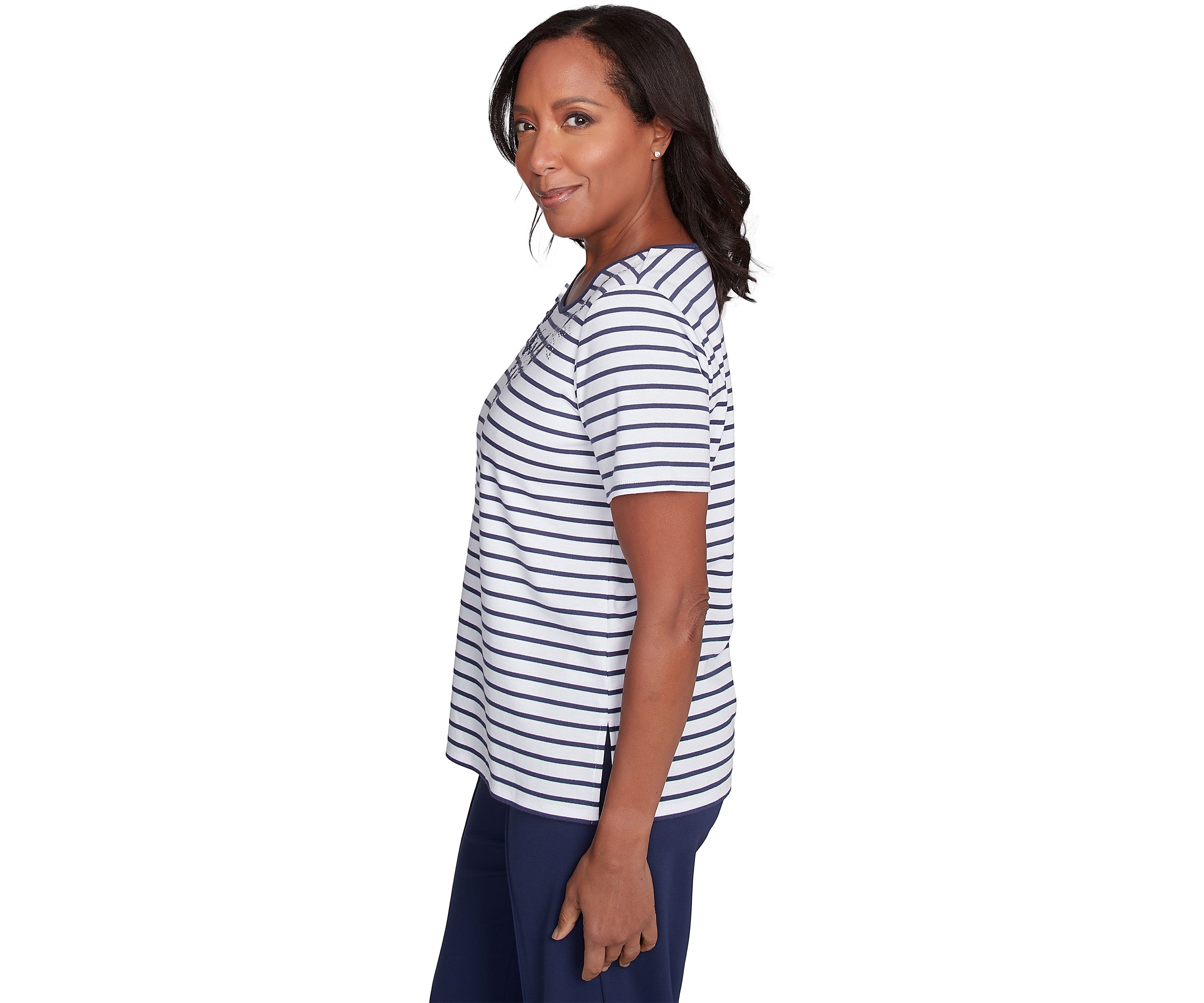 Petite Nantucket Stripe With Beaded Floral Yoke Top