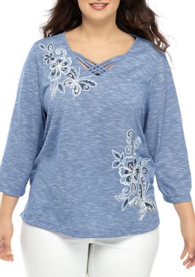 Alfred Dunner Plus Size Asymmetrical Floral Knit Top | belk