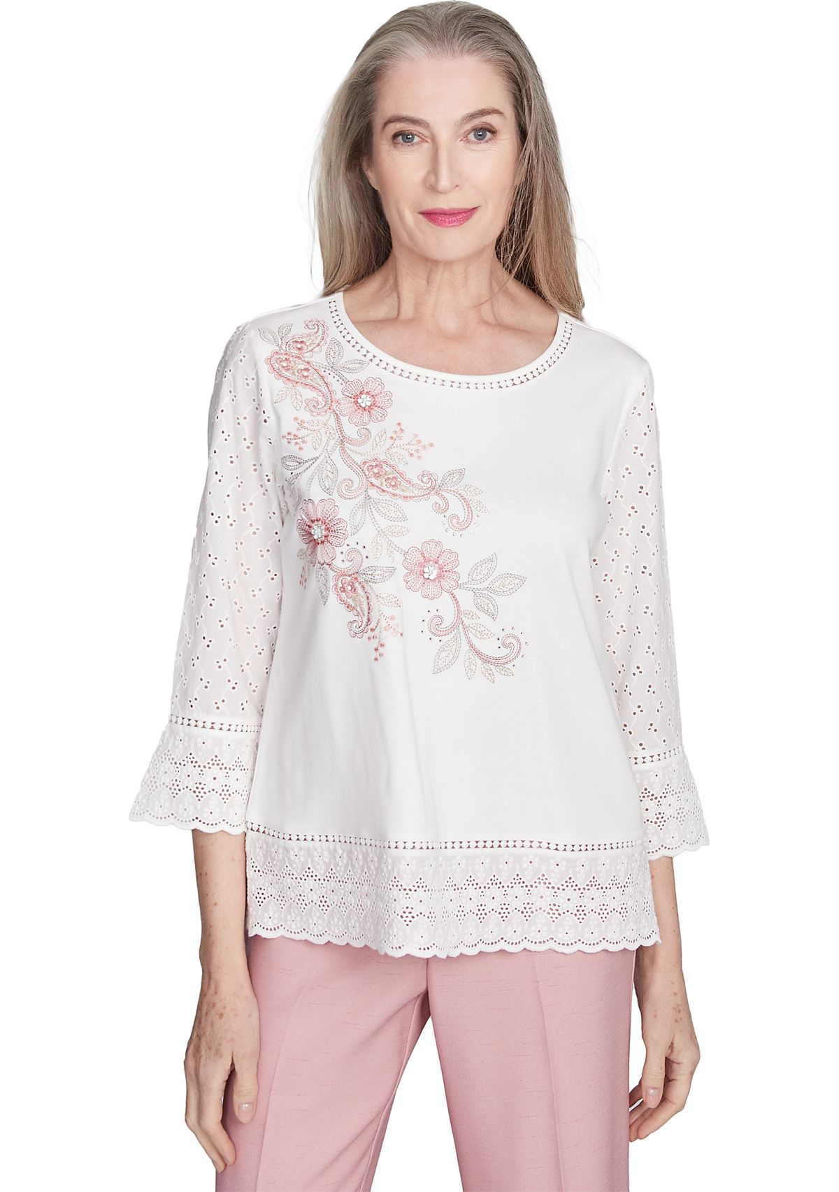 Womens Estate Of Mind Floral Embroidery Top with Eyelet Trim