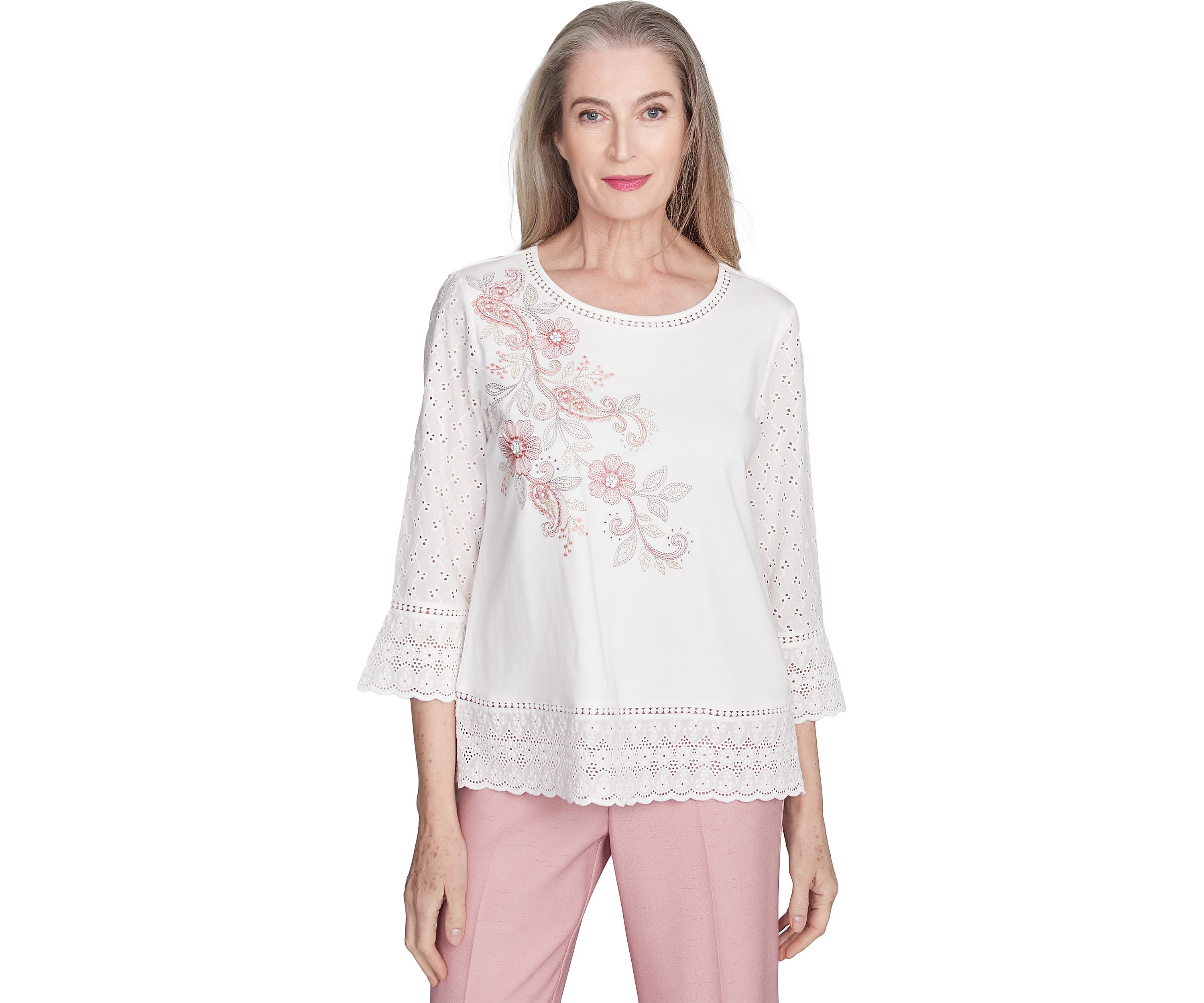 Womens Estate Of Mind Floral Embroidery Top with Eyelet Trim