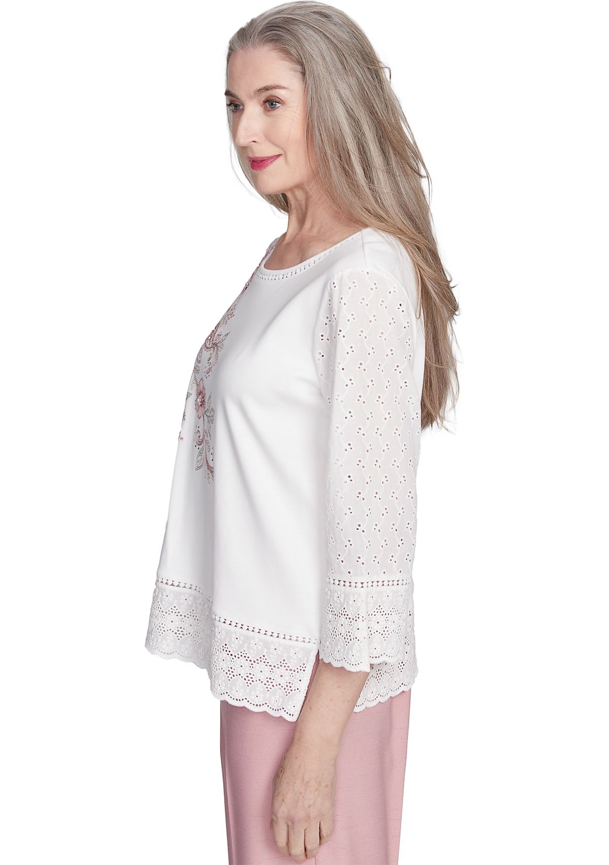 Womens Estate Of Mind Floral Embroidery Top with Eyelet Trim