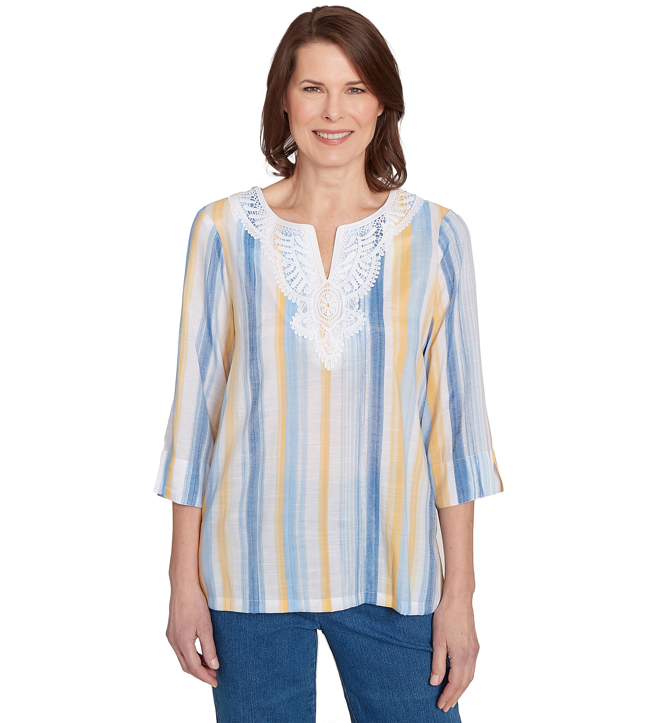 Womens Flower Power Stripe Top with Lace Neck