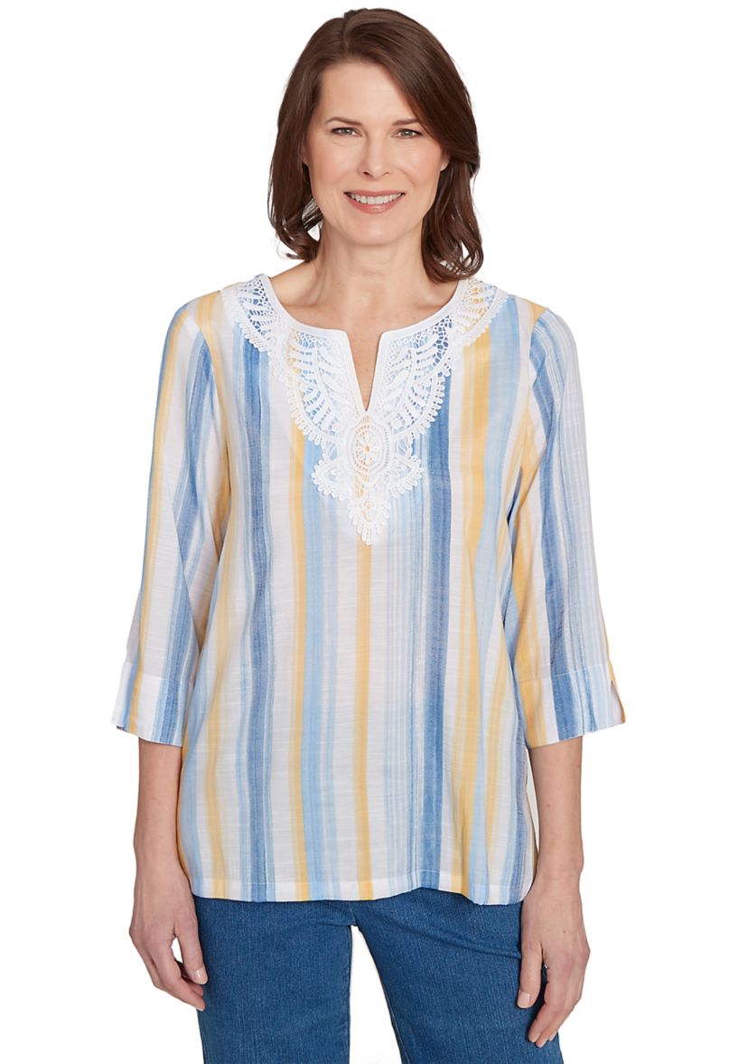 Womens Flower Power Stripe Top with Lace Neck