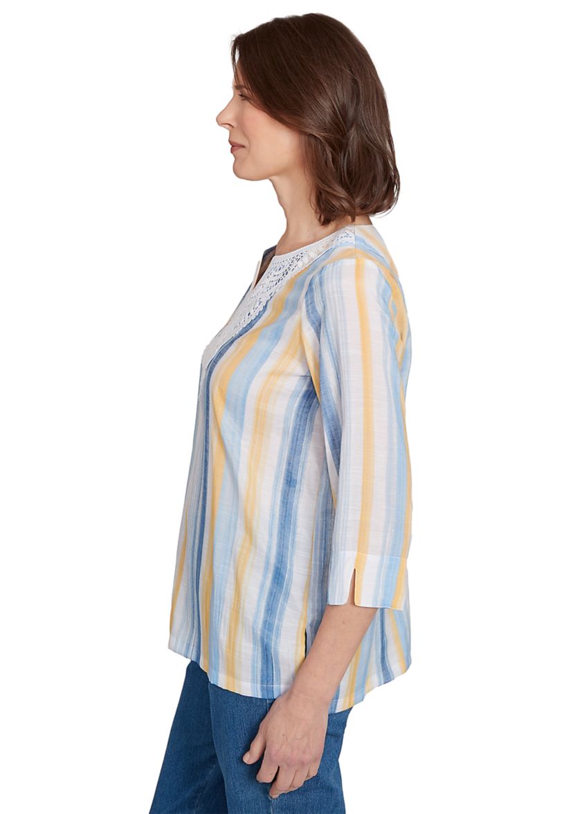 Womens Flower Power Stripe Top with Lace Neck