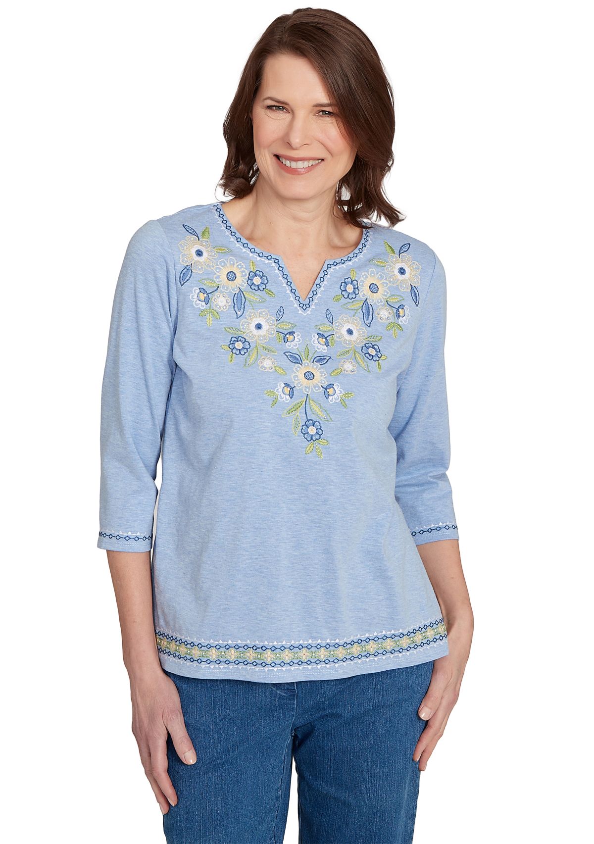 Womens Flower Power Embroidered Daisy Yoke Top