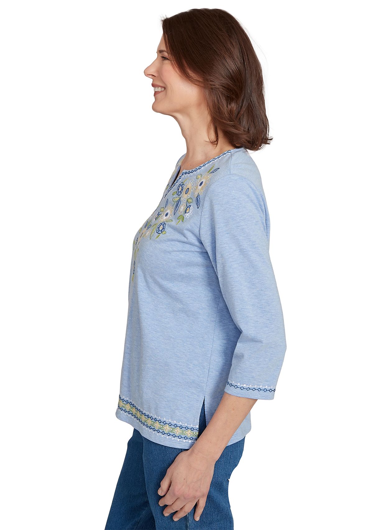 Womens Flower Power Embroidered Daisy Yoke Top