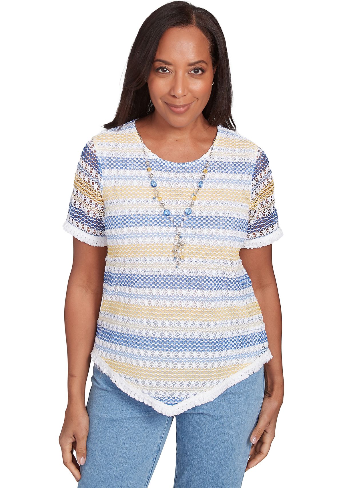 Womens Flower Power Texture Biadere Top with Fringe Details