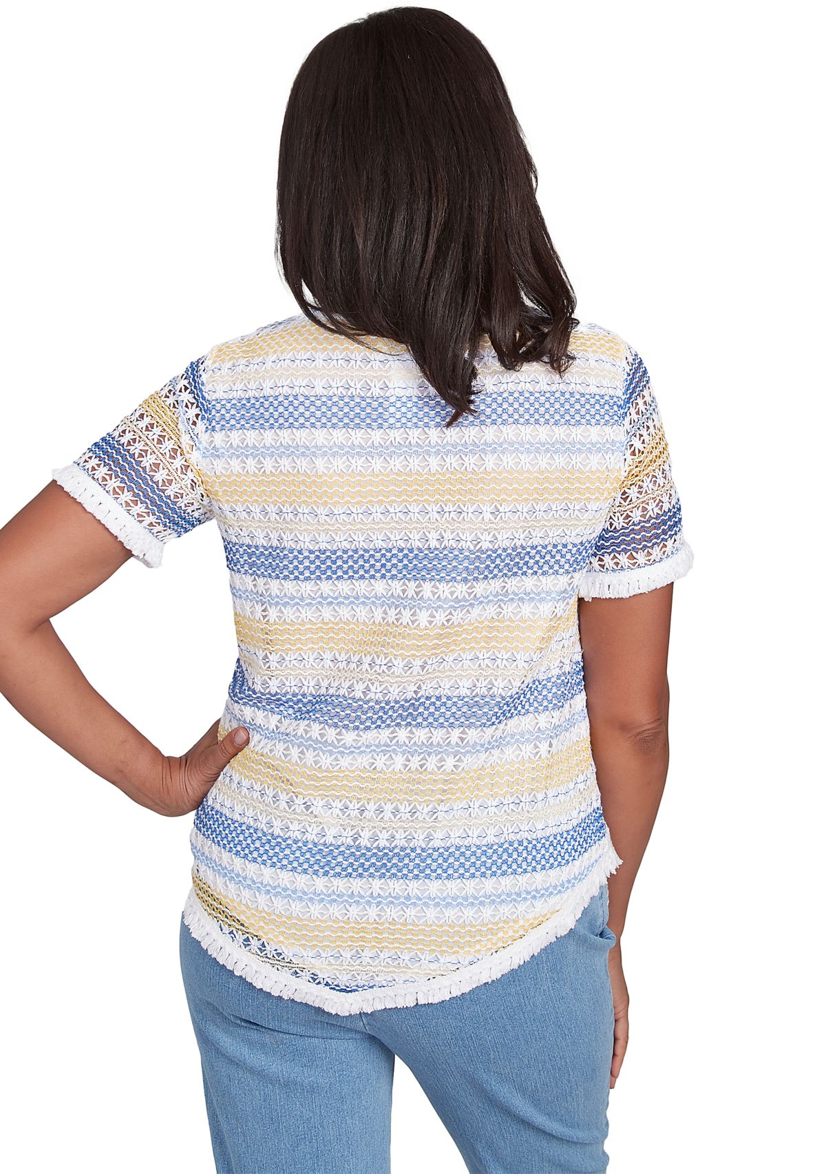 Womens Flower Power Texture Biadere Top with Fringe Details