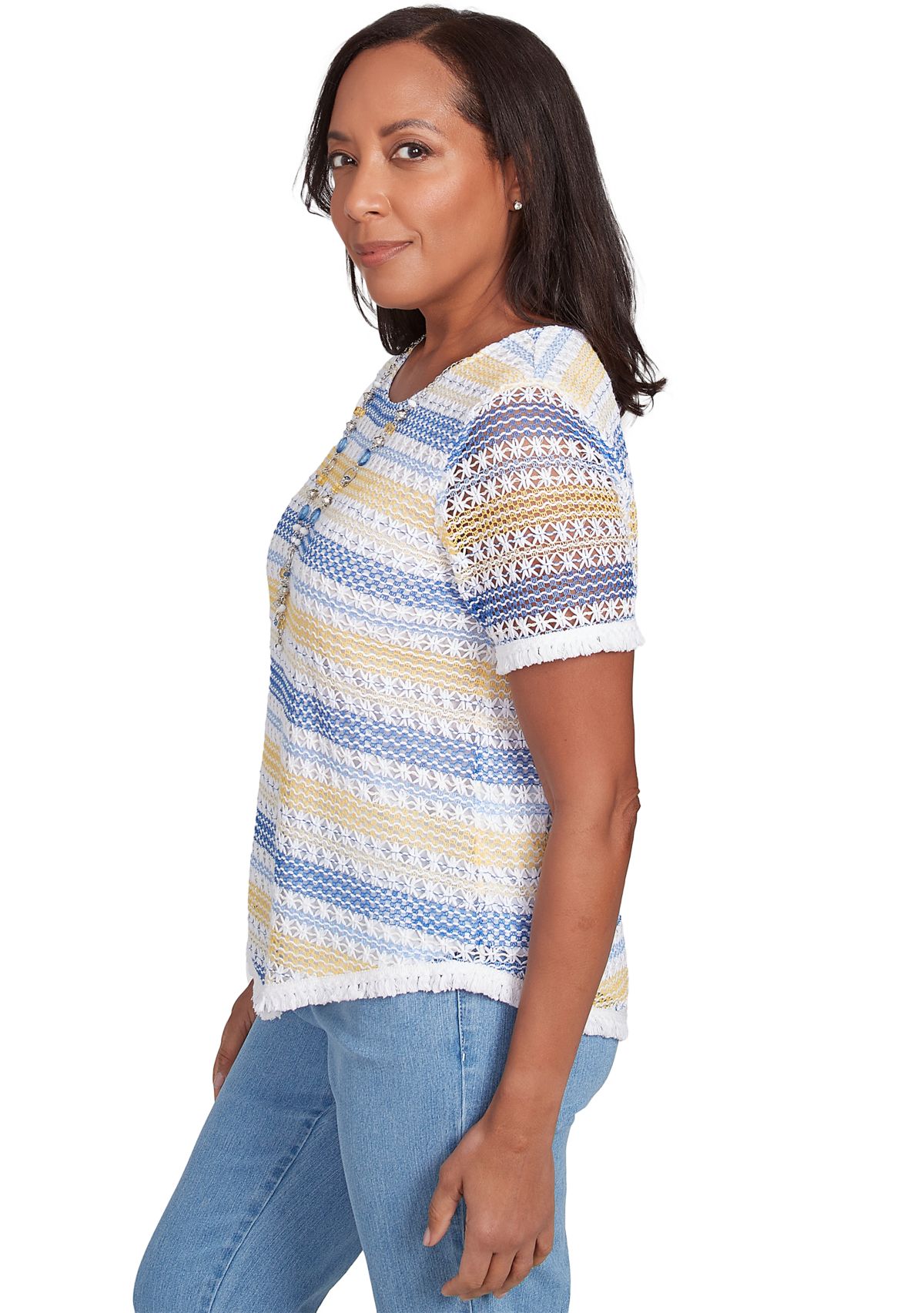 Womens Flower Power Texture Biadere Top with Fringe Details