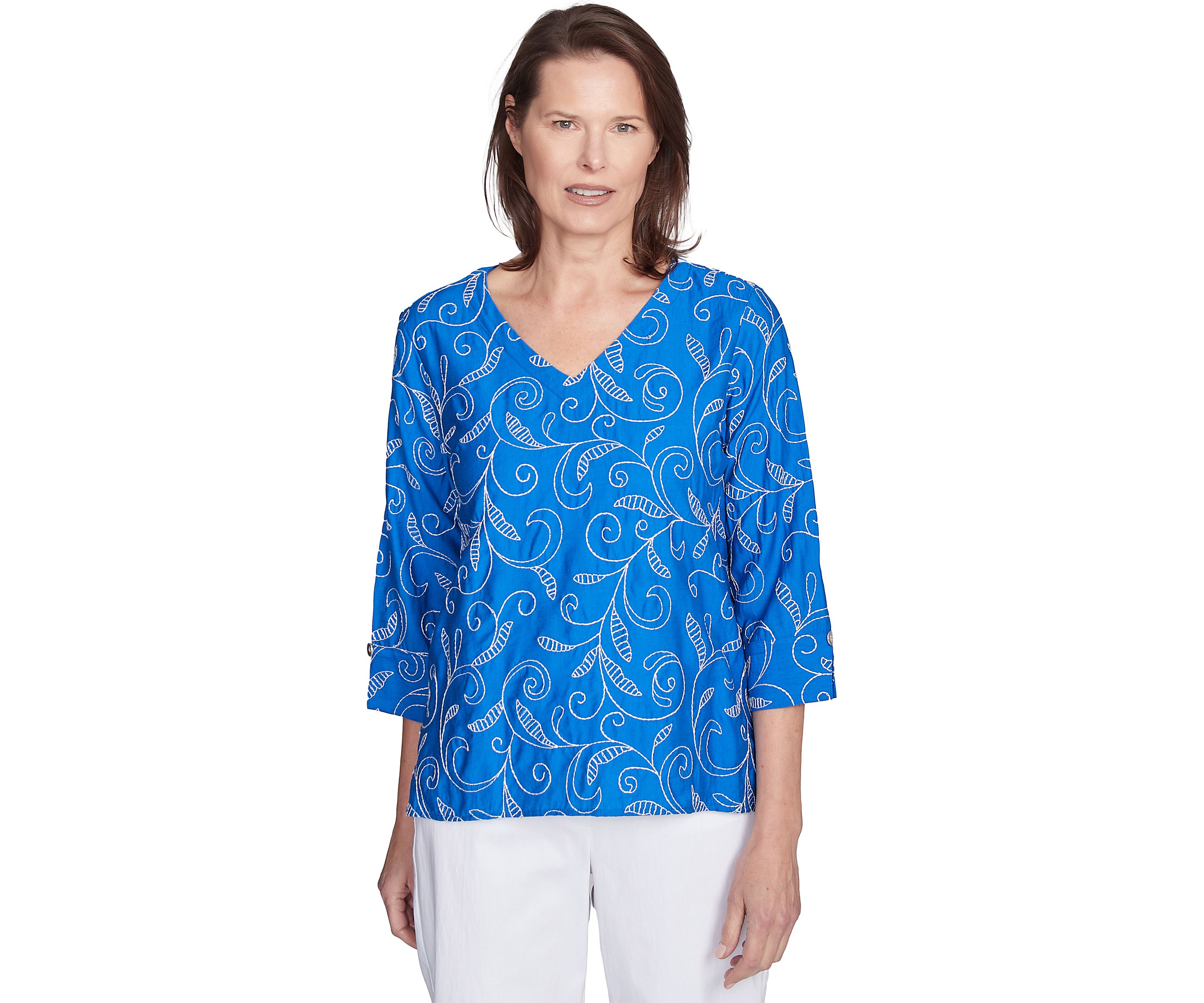 Womens Parrot Cay Scroll Embroidery Top