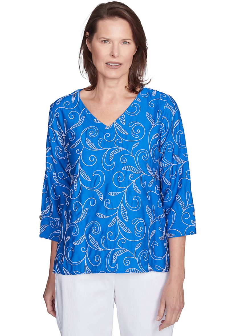 Womens Parrot Cay Scroll Embroidery Top