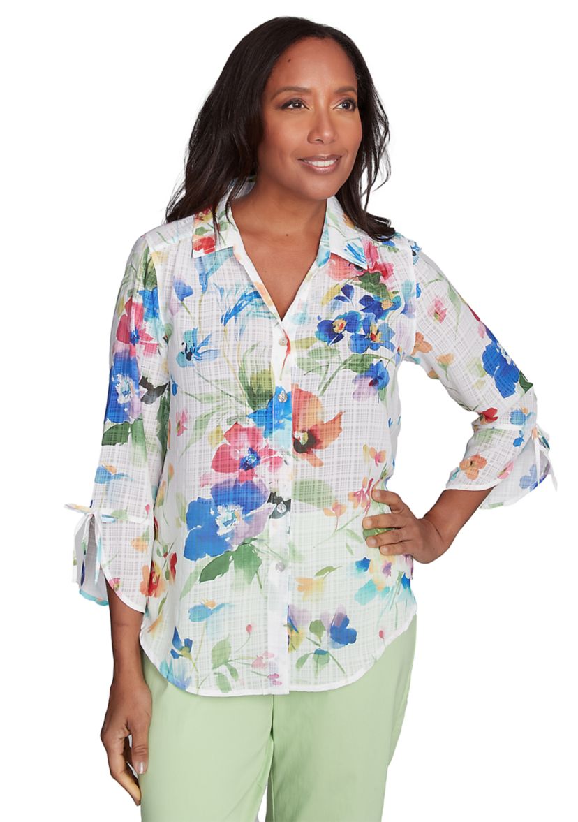 Womens Parrot Cay Abstract Watercolor Floral Top