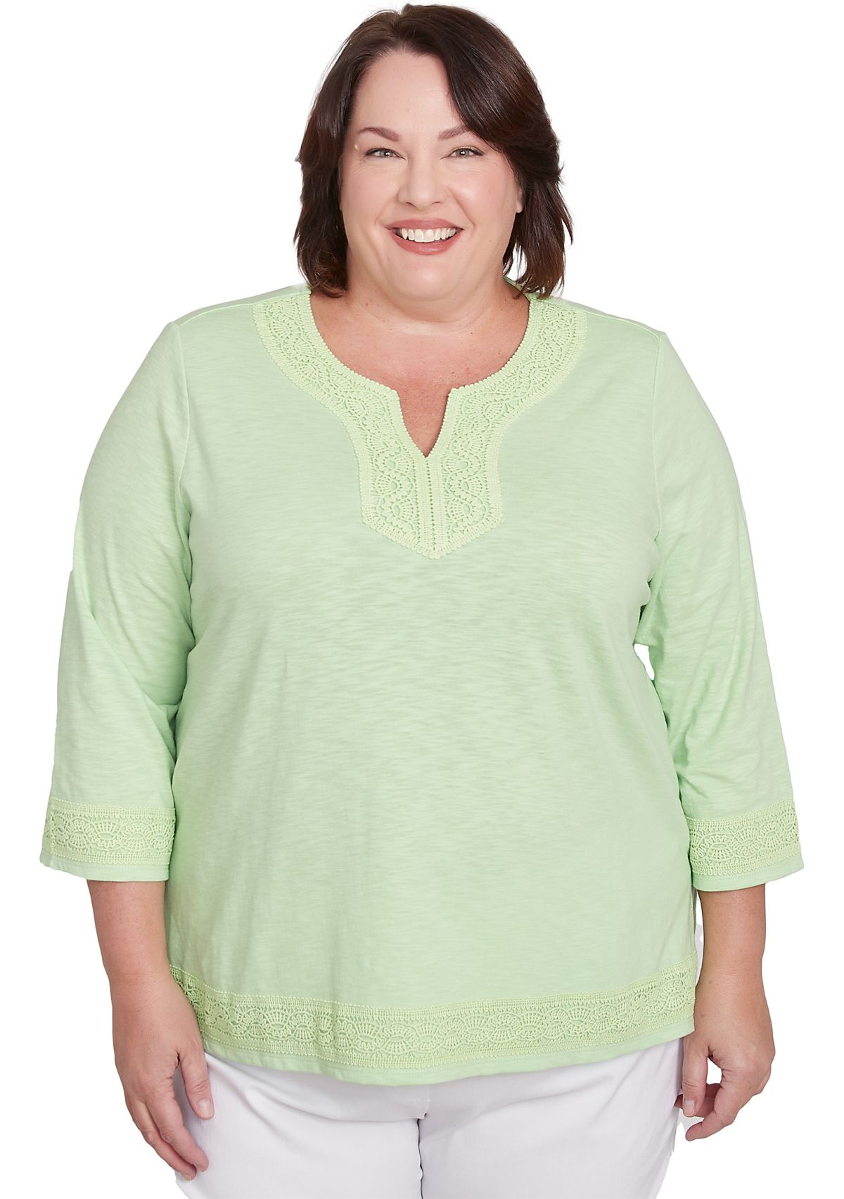 Plus Size Parrot Cay Solid Top with Lace Trim