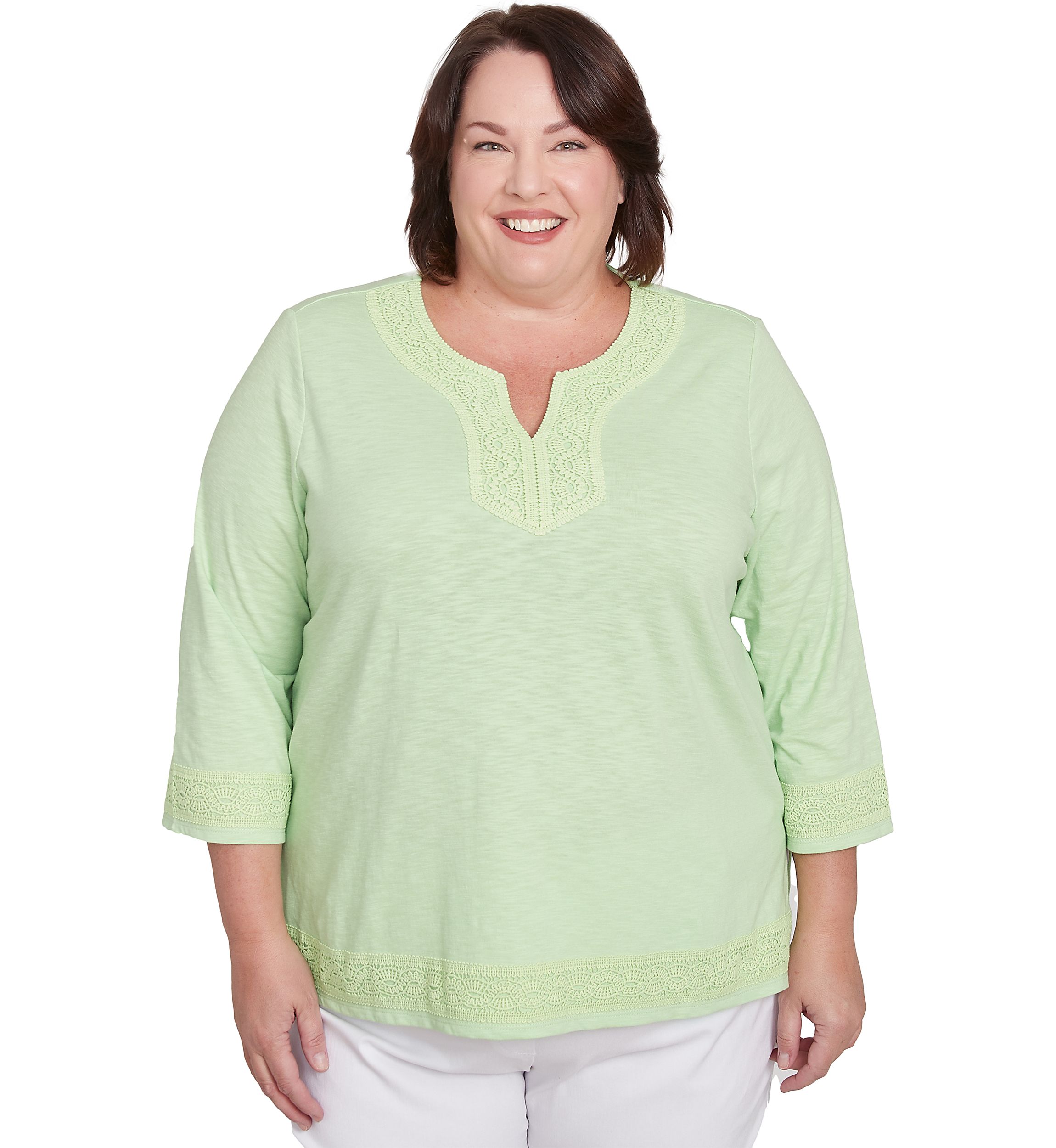 Plus Size Parrot Cay Solid Top with Lace Trim