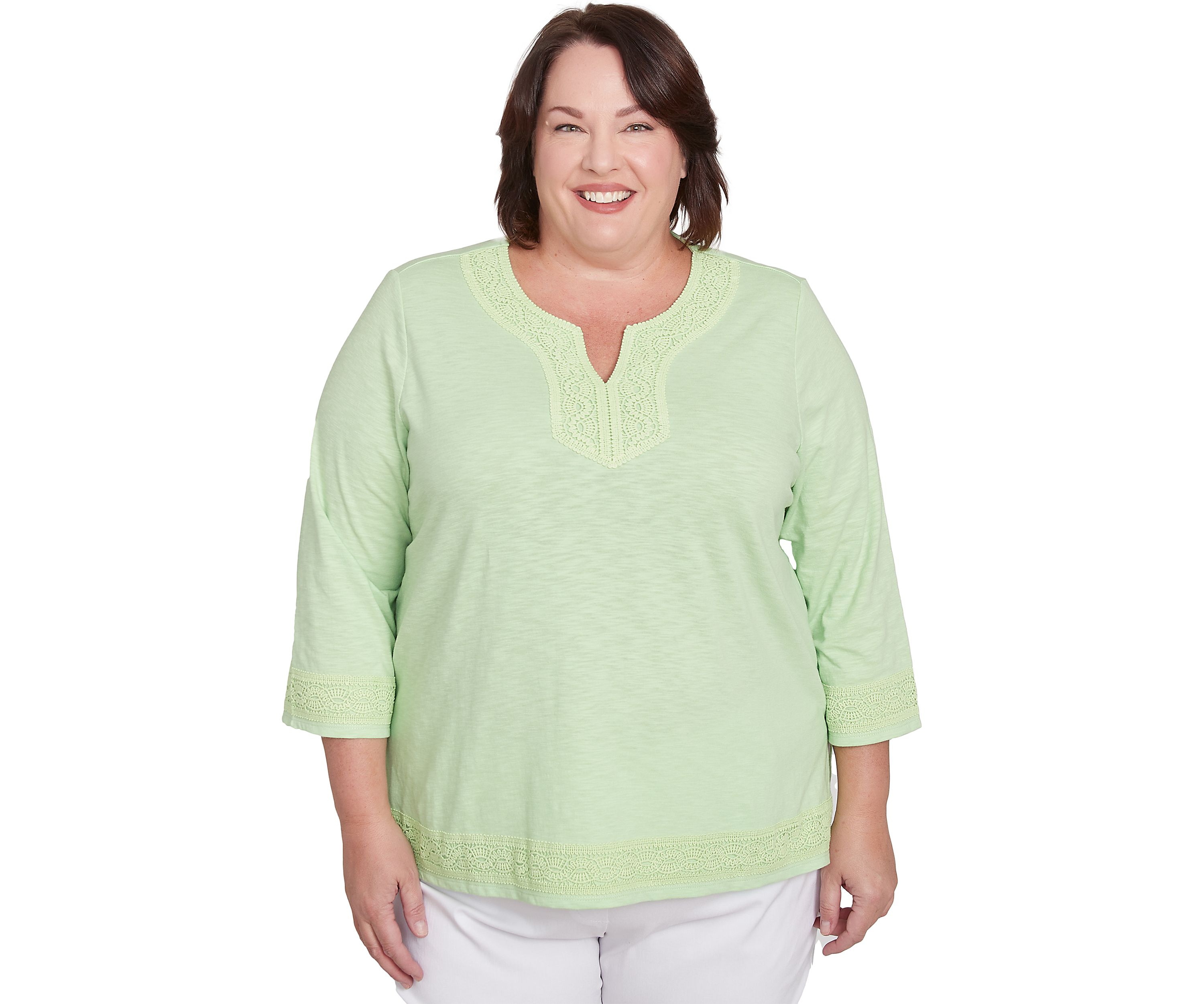 Plus Size Parrot Cay Solid Top with Lace Trim