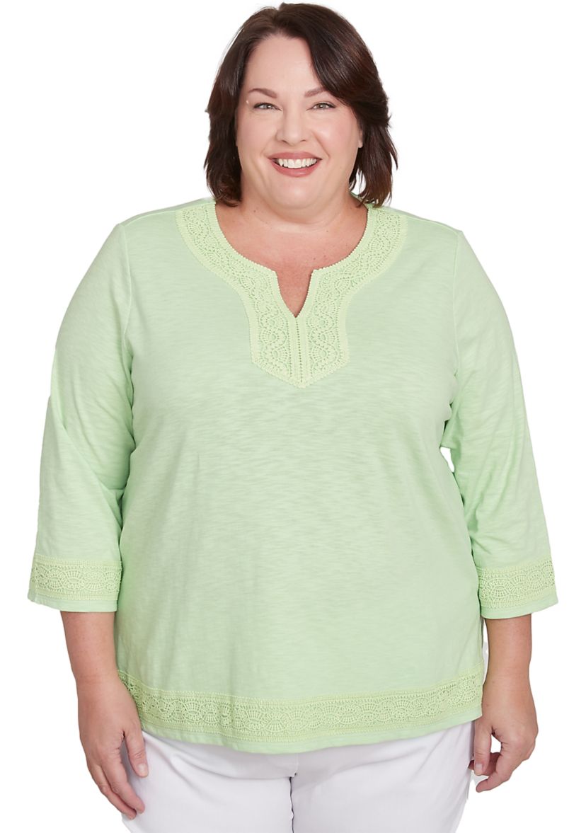 Plus Size Parrot Cay Solid Top with Lace Trim
