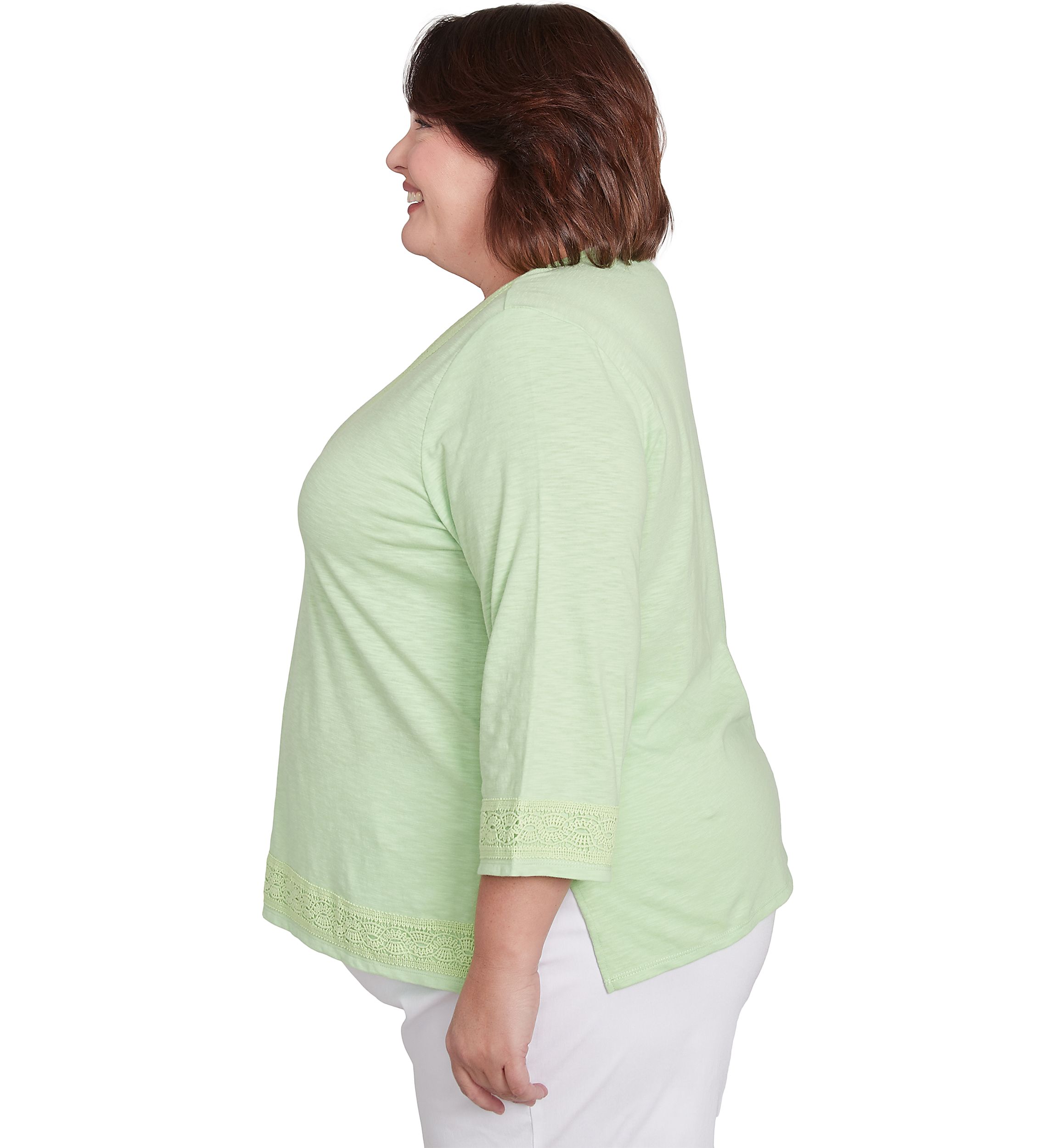 Plus Size Parrot Cay Solid Top with Lace Trim