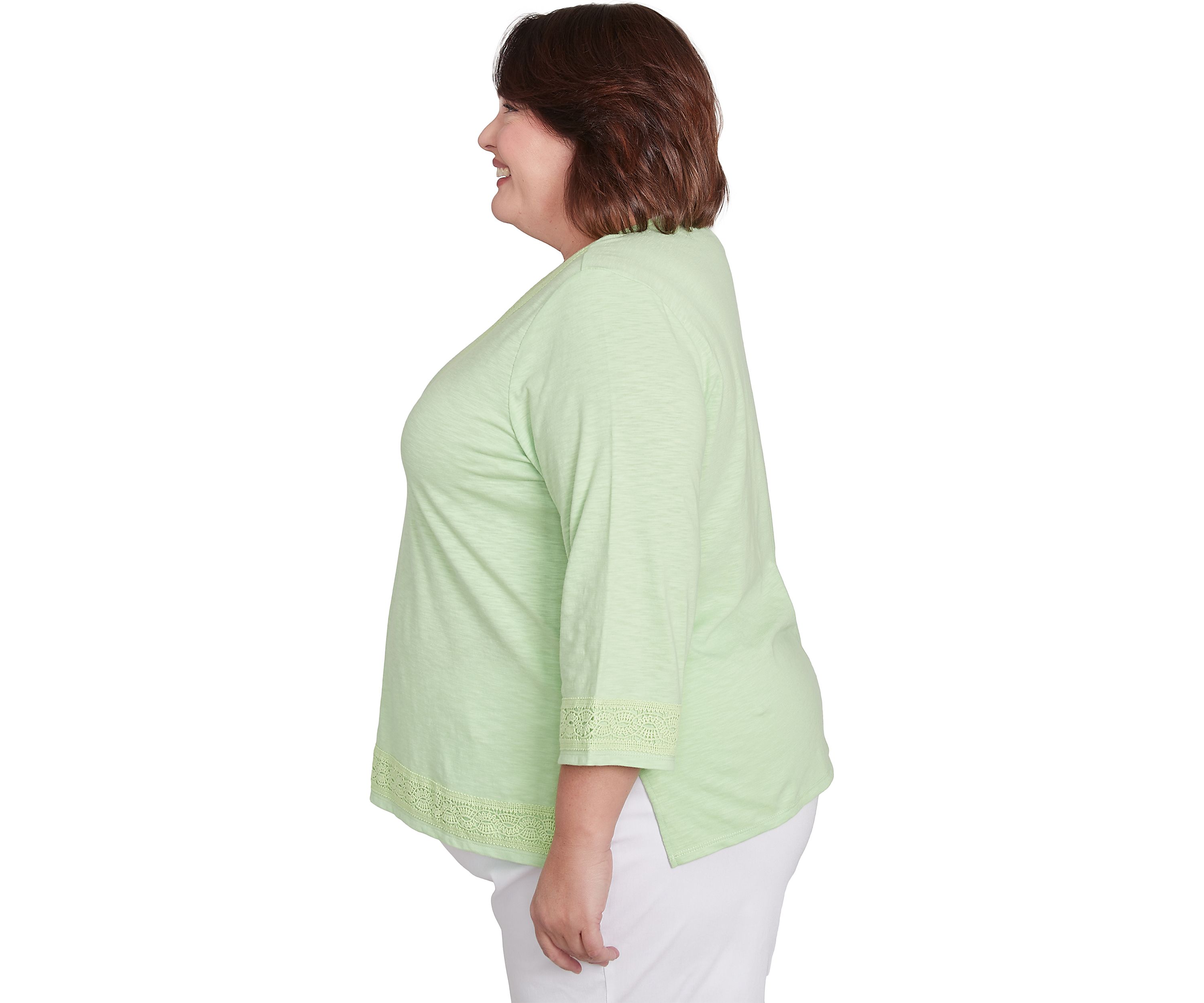 Plus Size Parrot Cay Solid Top with Lace Trim