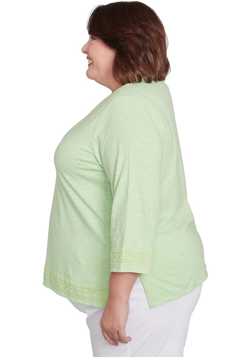 Plus Size Parrot Cay Solid Top with Lace Trim