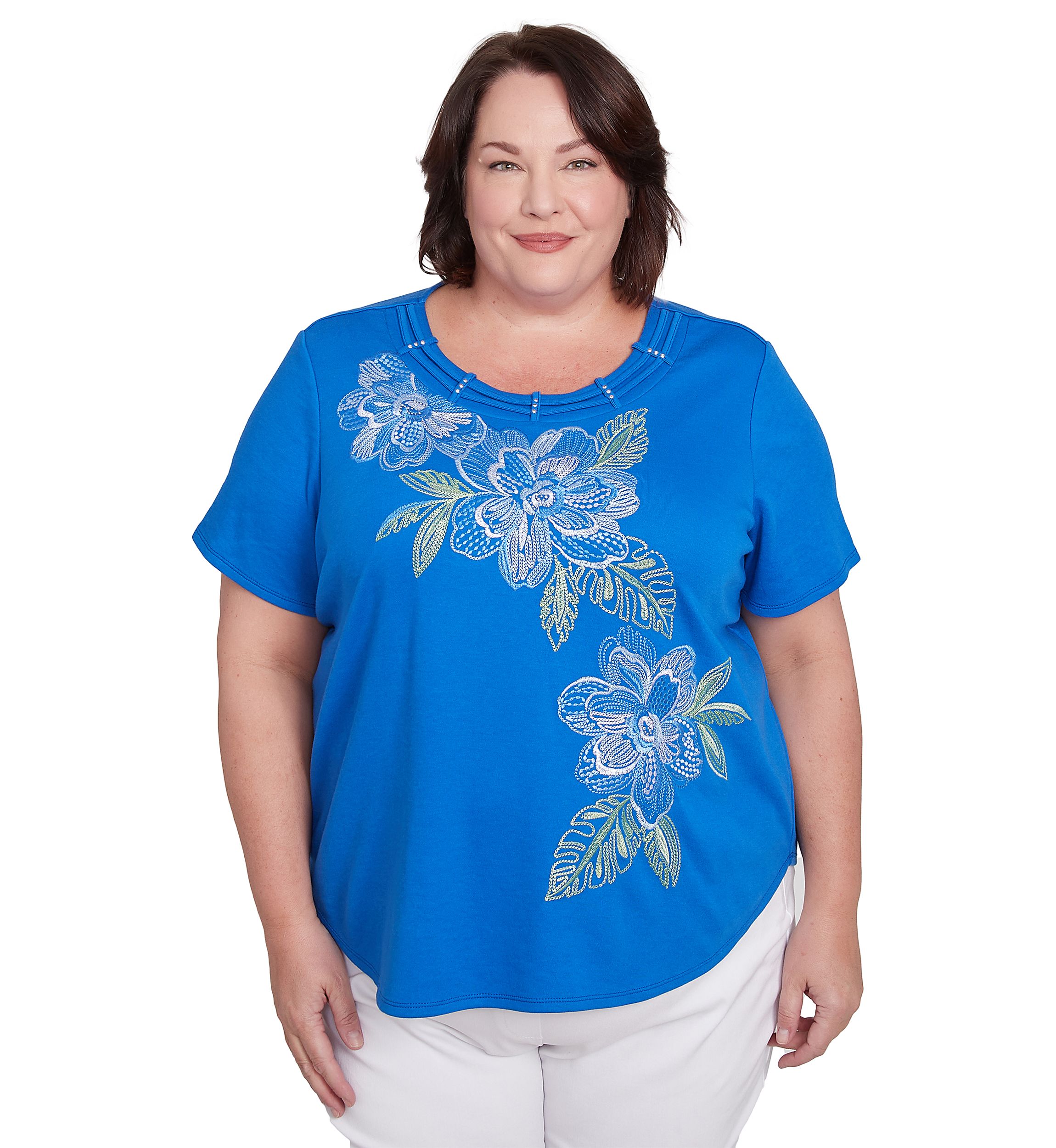 Plus Size Parrot Cay Floral Embroidery Top