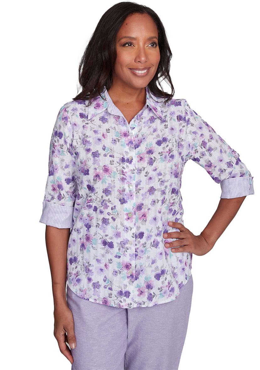 Womens Crystal Springs Flower Printed Top with Contrast Stripes