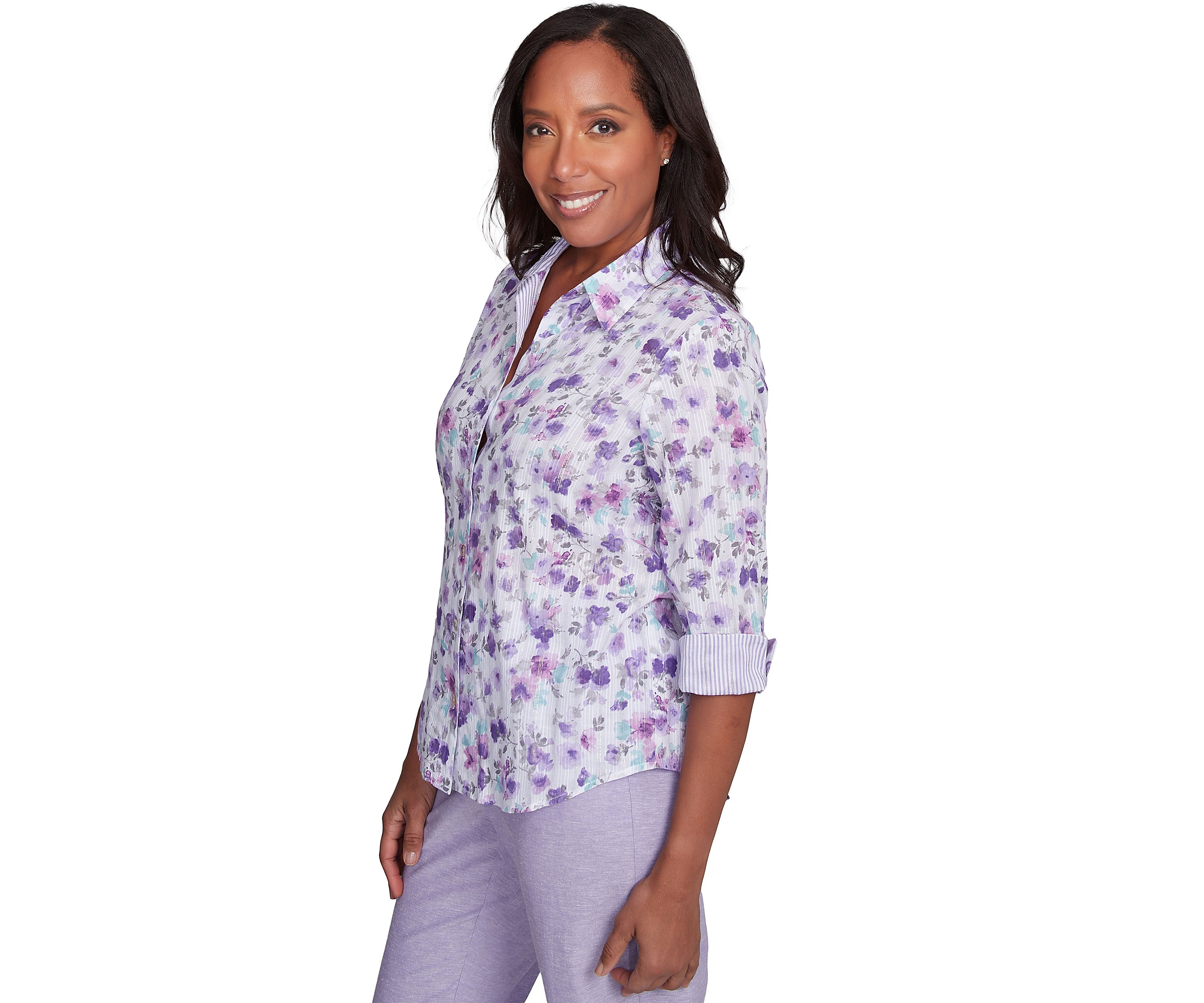 Womens Crystal Springs Flower Printed Top with Contrast Stripes