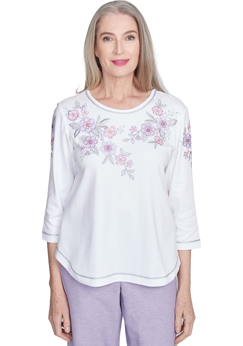 Womens Crystal Springs Embroidered Flower Yoke Top