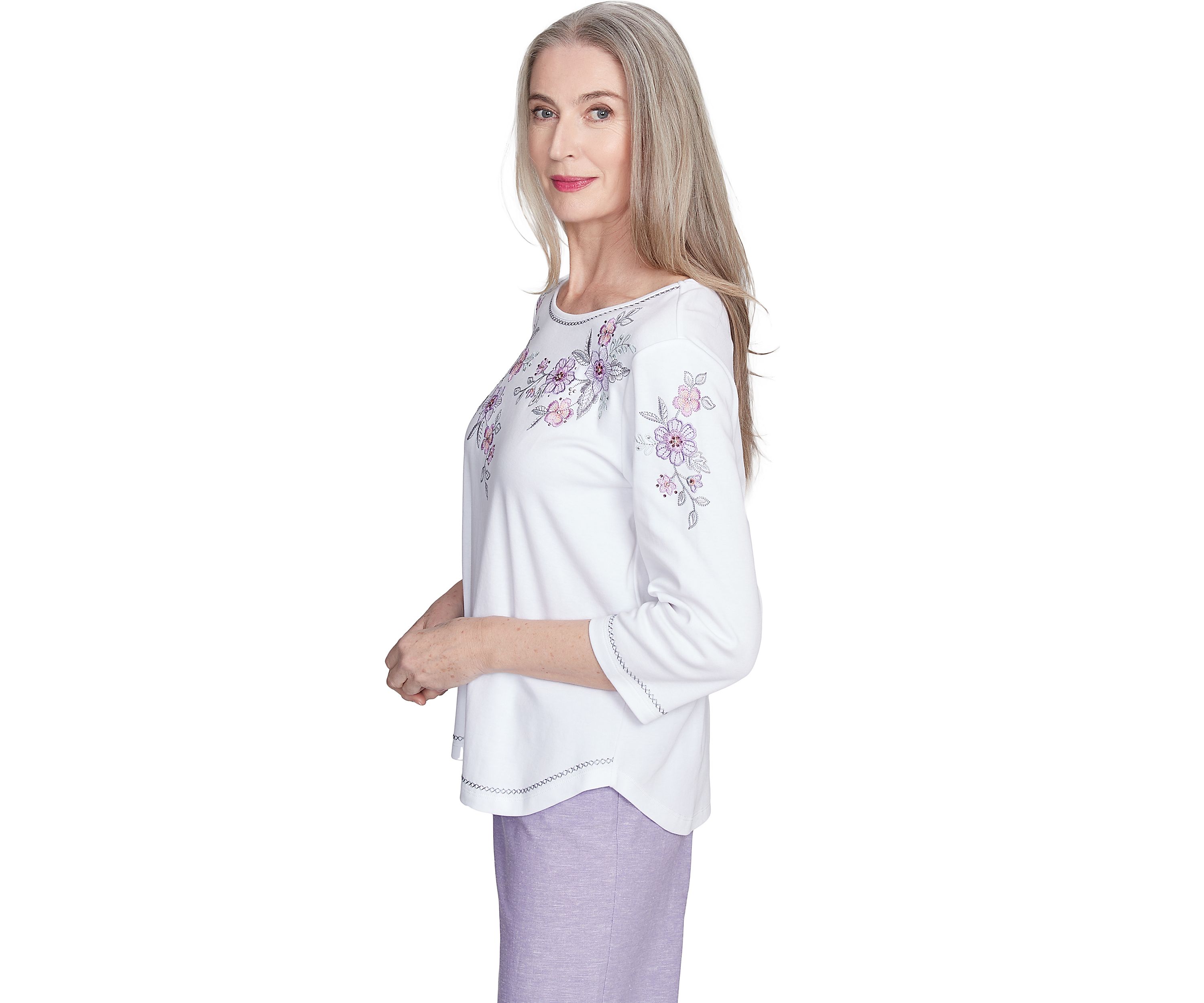 Womens Crystal Springs Embroidered Flower Yoke Top