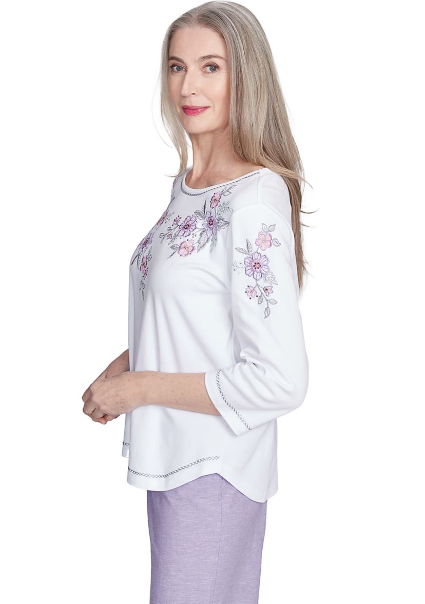 Womens Crystal Springs Embroidered Flower Yoke Top