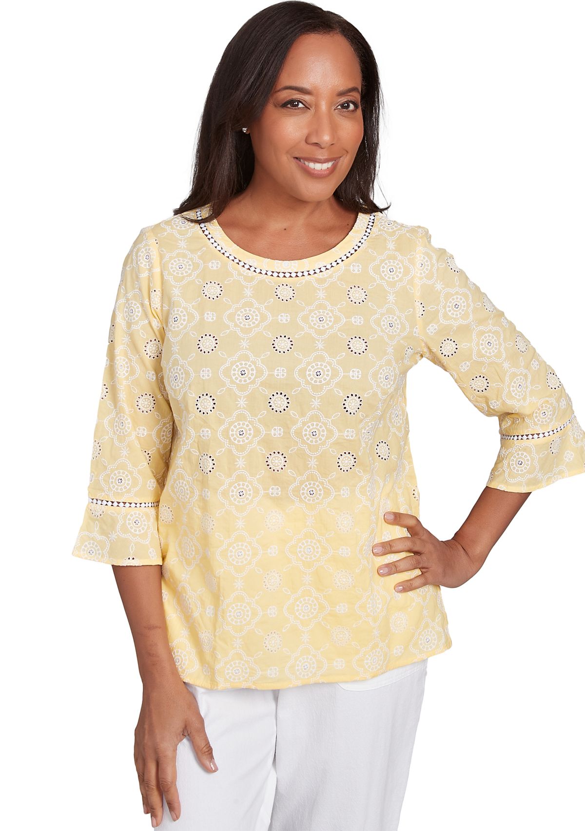 Womens Rise & Shine Flower Embroidered Eyelet Top