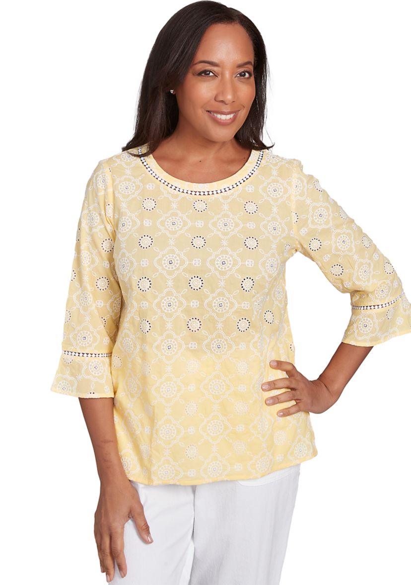 Womens Rise & Shine Flower Embroidered Eyelet Top