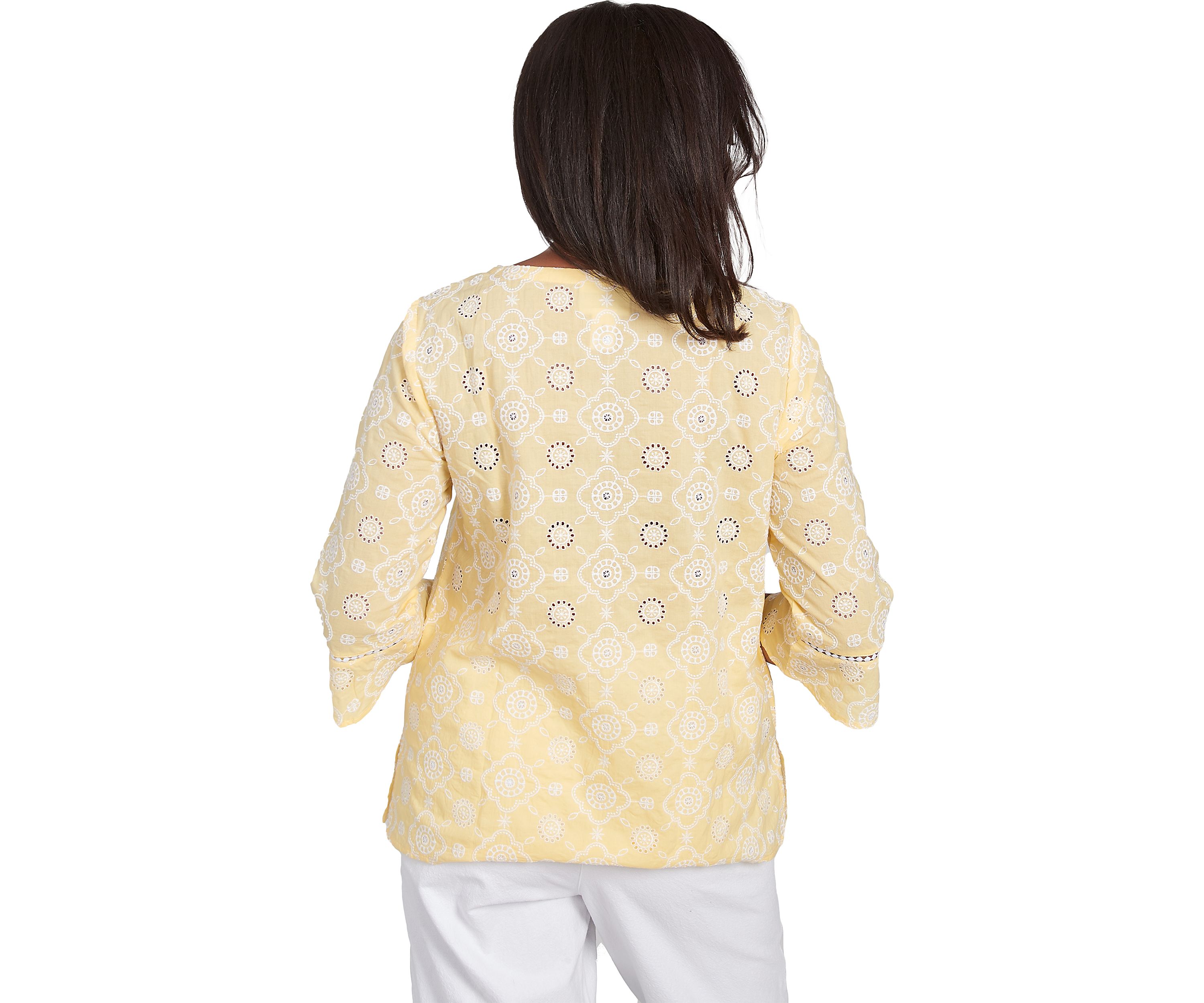 Womens Rise & Shine Flower Embroidered Eyelet Top