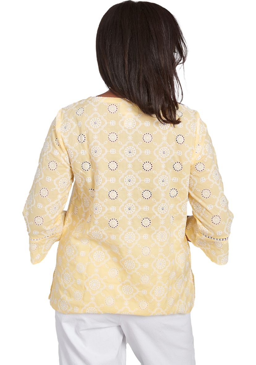 Womens Rise & Shine Flower Embroidered Eyelet Top