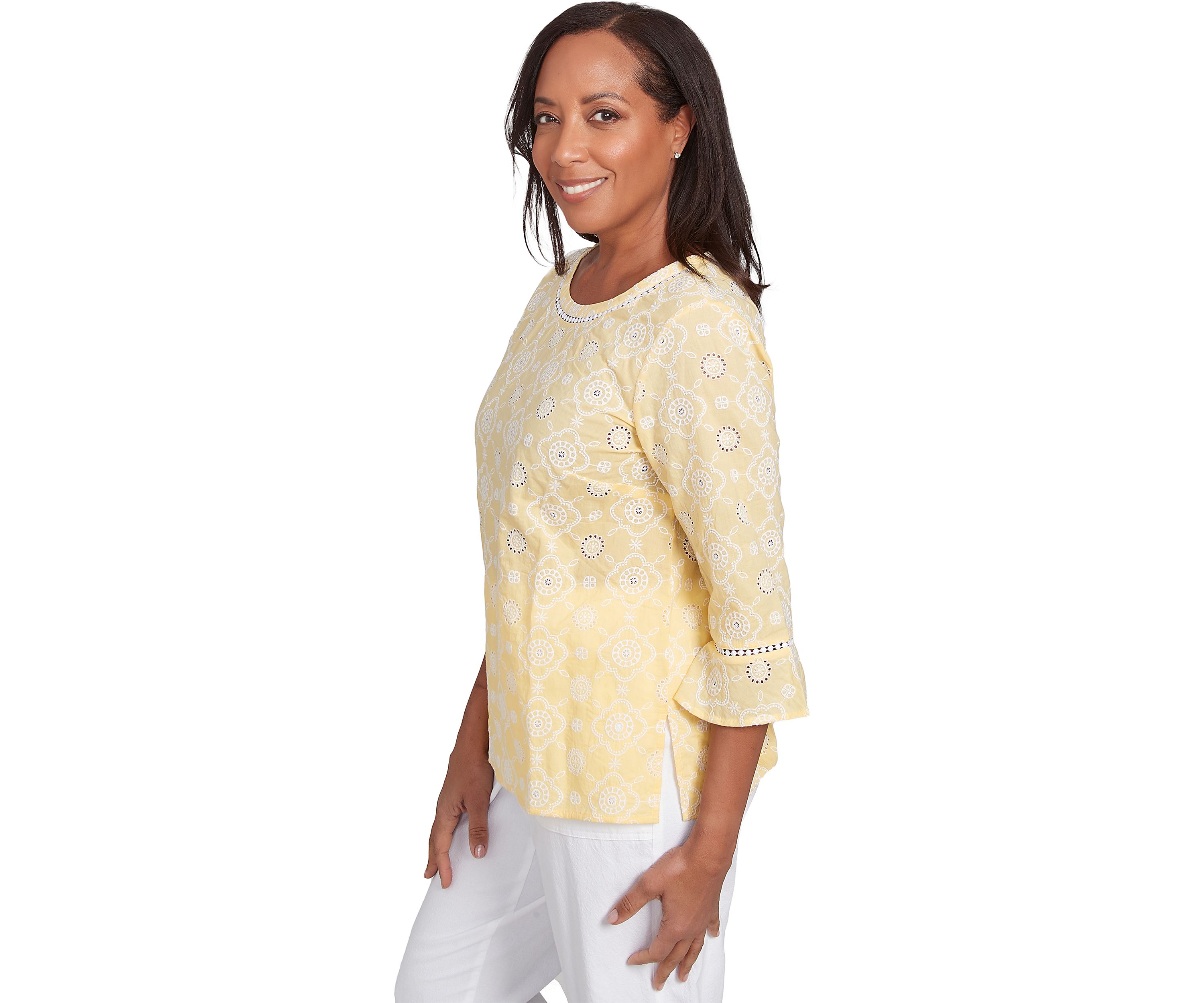 Womens Rise & Shine Flower Embroidered Eyelet Top