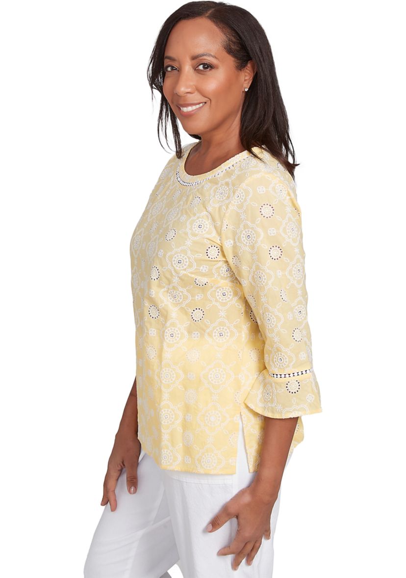 Womens Rise & Shine Flower Embroidered Eyelet Top