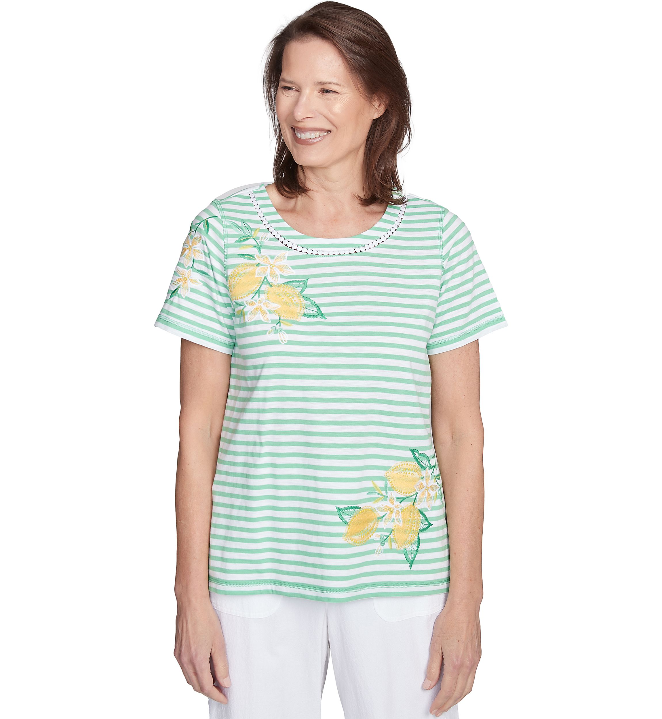 Womens Rise & Shine Stripe Top with Lemons Embroidery