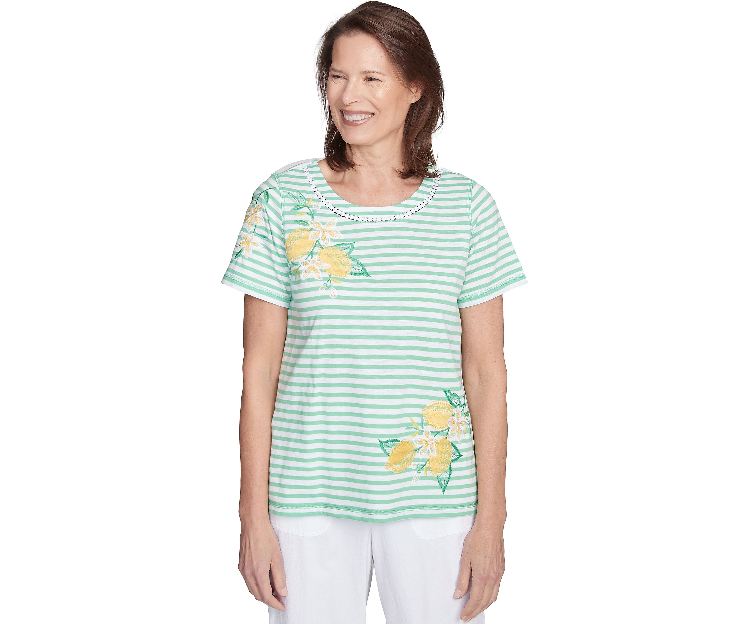 Womens Rise & Shine Stripe Top with Lemons Embroidery