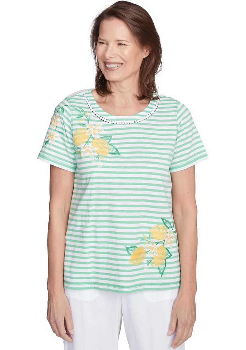 Womens Rise & Shine Stripe Top with Lemons Embroidery