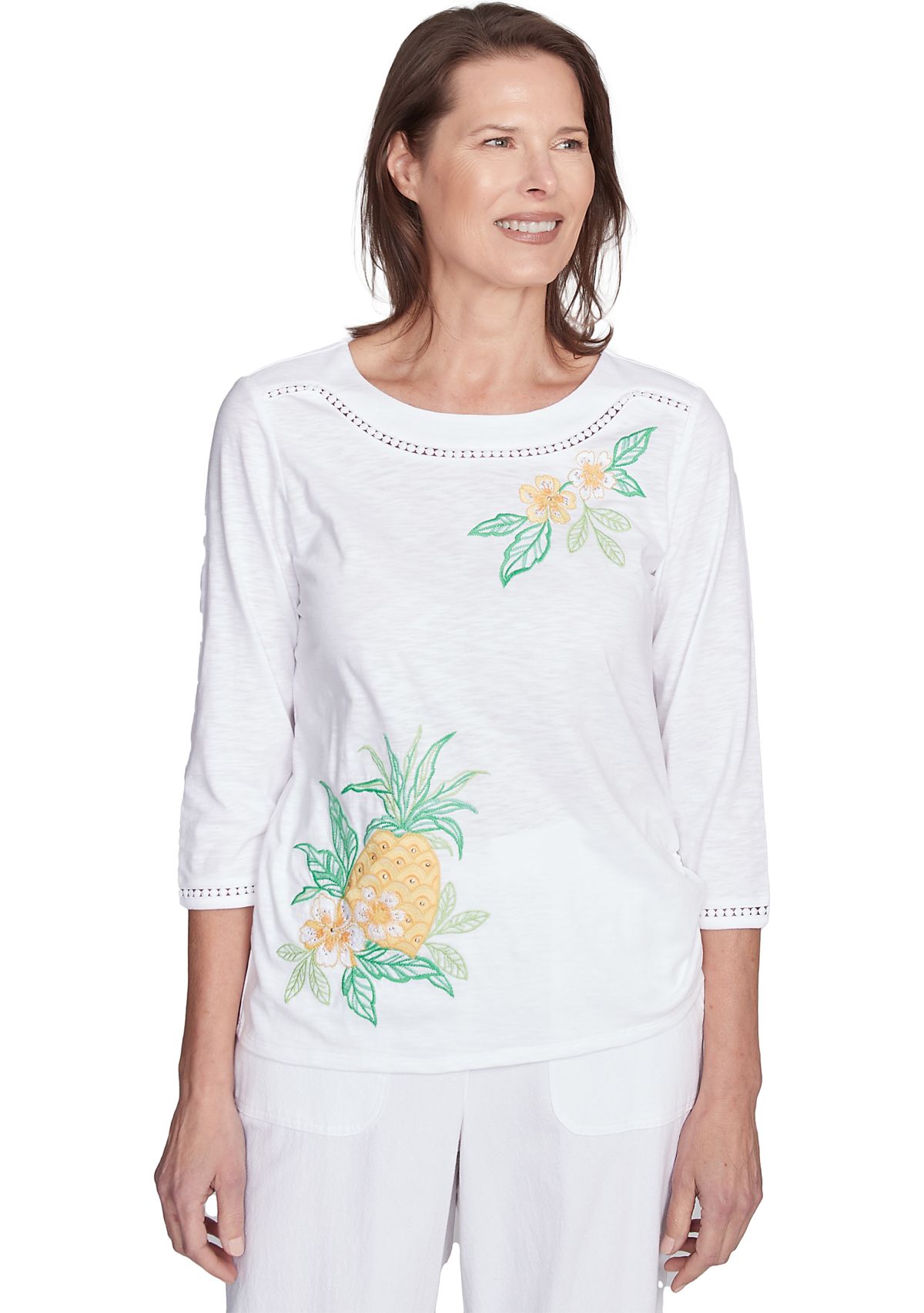 Womens Rise & Shine Embroidered Pineapple Top