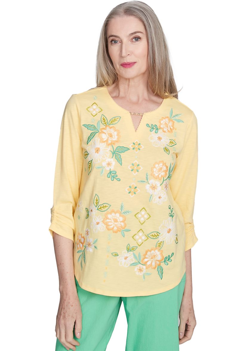 Womens Rise & Shine Floral Embroidery Top