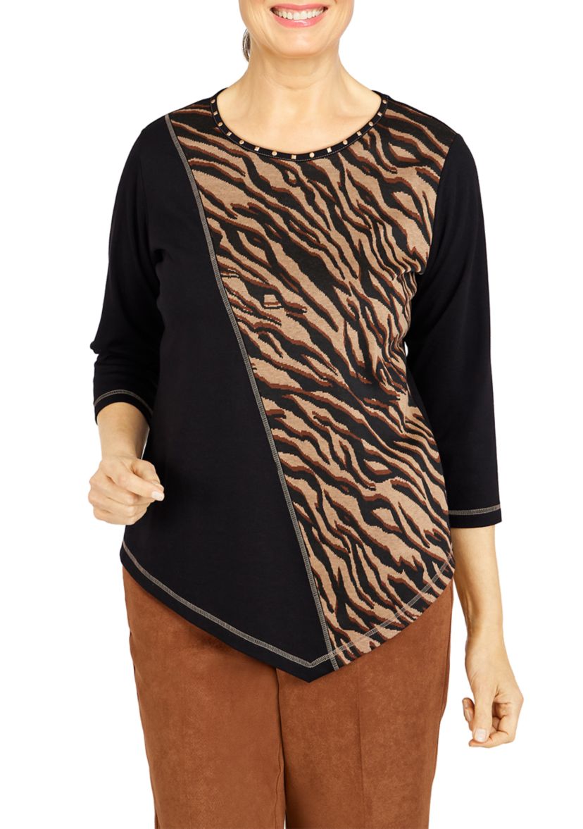 Womens Madagascar Spliced Asymmetrical Hemline 3/4 Sleeve Top