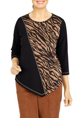 Petite Madacascar Spliced Asymmetrical Hemline 3/4 Sleeve Top