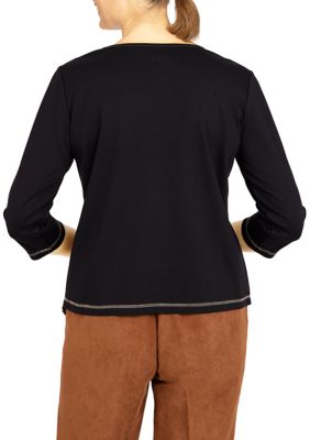 Petite Madacascar Spliced Asymmetrical Hemline 3/4 Sleeve Top