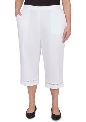 Alfred Dunner Women's Plus Size Rise and Shine Dot Lace Trim Capri Pants, White, 16W -  0196389511623