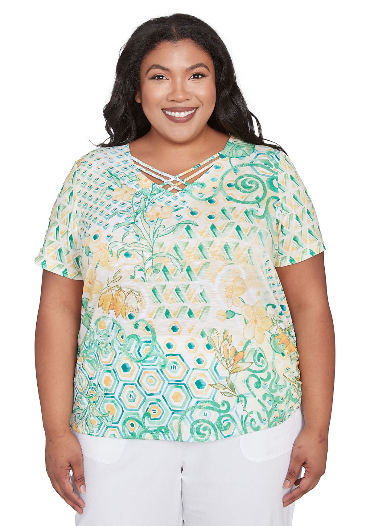 Plus Size Rise and Shine Geo Patchwork Printed Shirt