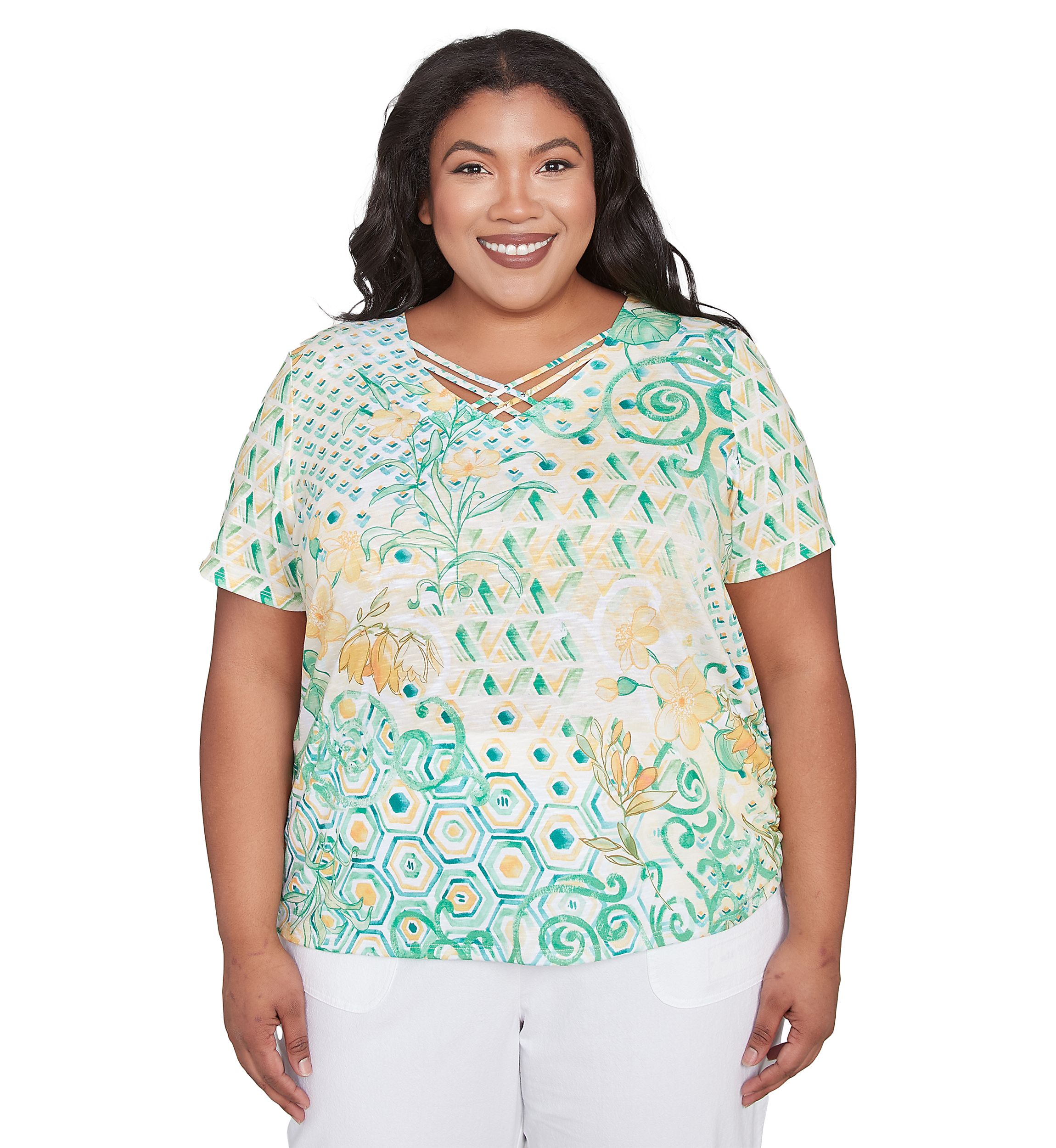 Plus Size Rise and Shine Geo Patchwork Printed Shirt