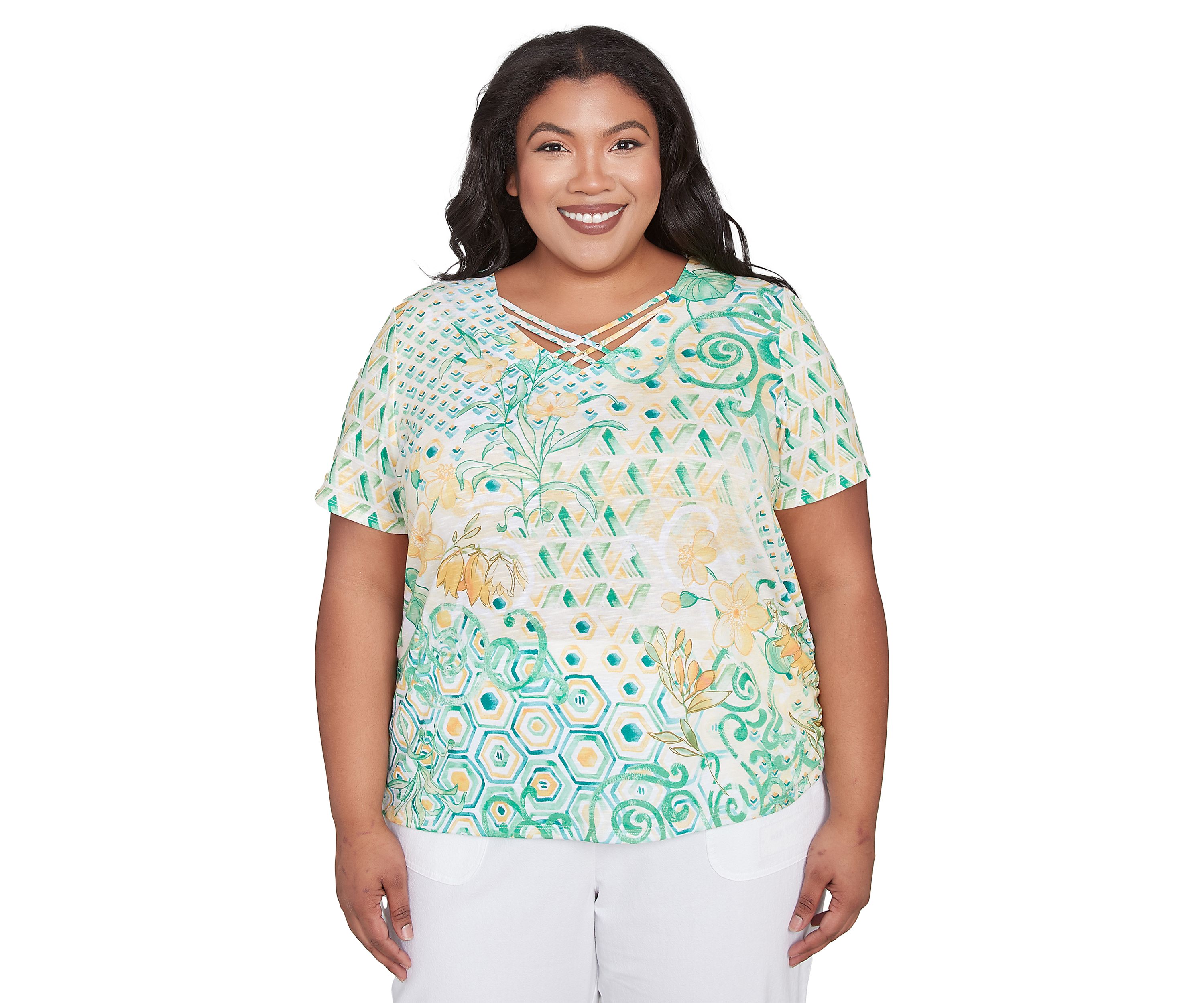 Plus Size Rise and Shine Geo Patchwork Printed Shirt