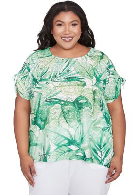 Alfred Dunner Women's Plus Size Rise and Shine Monotone Tropical Leaves Printed Top, Lime, 3X