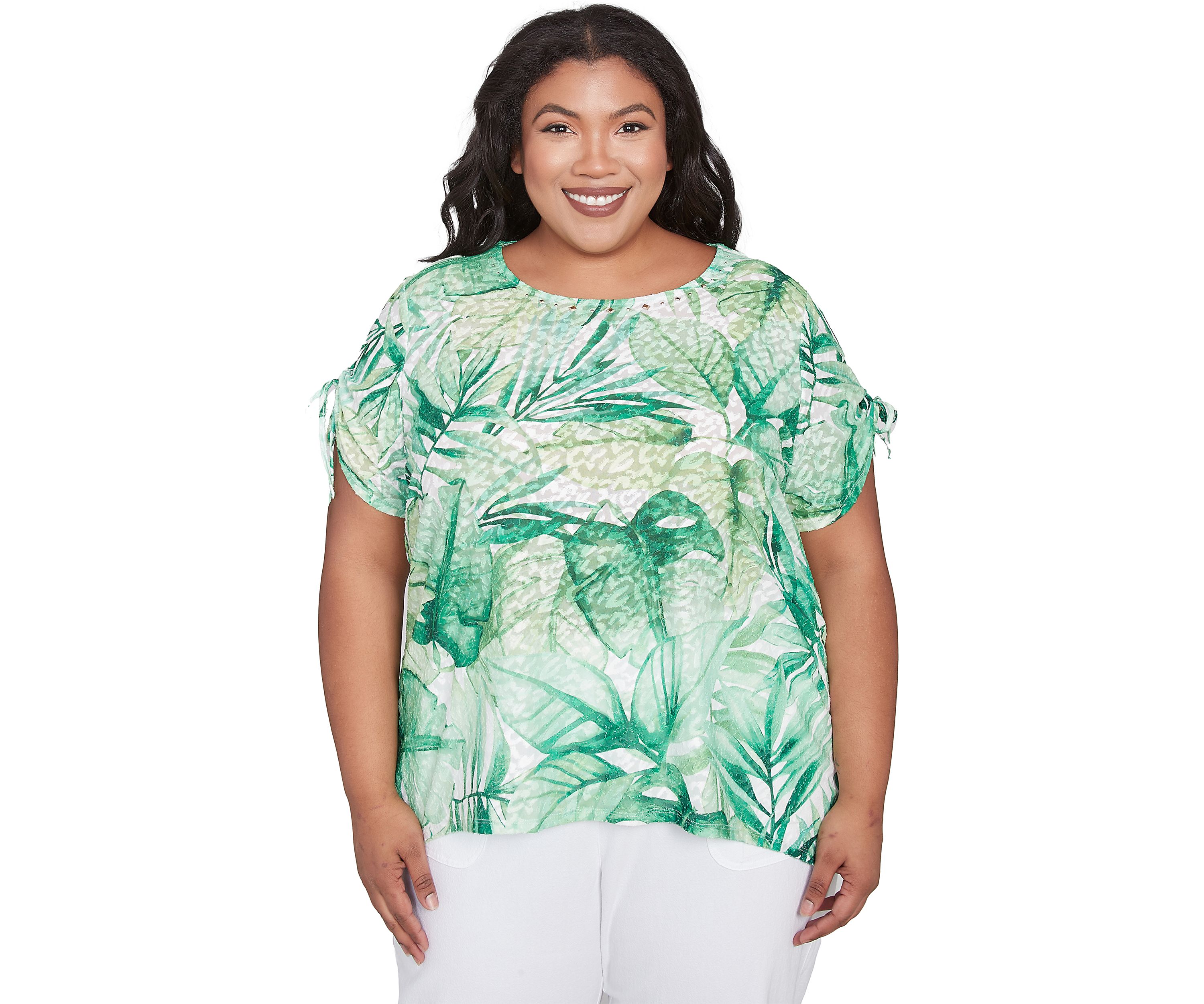 Plus Size Rise and Shine Monotone Tropical Leaves Printed Top