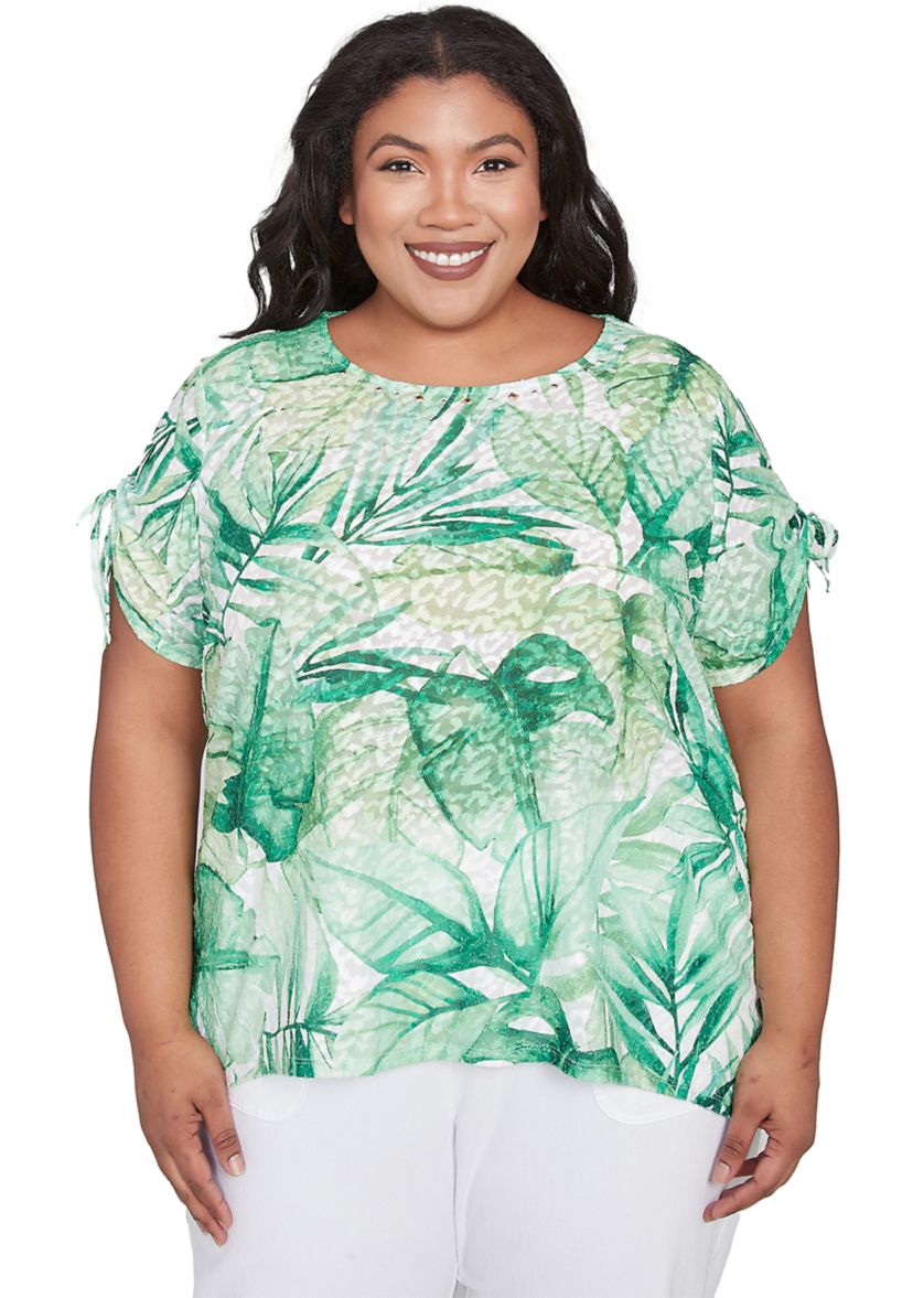 Plus Size Rise and Shine Monotone Tropical Leaves Printed Top